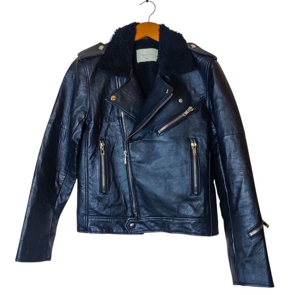 Deadwood Avery Recycled Leather Black Motorcycle Biker Jacket Fur Collar 38 XS/S - Picture 3 of 16